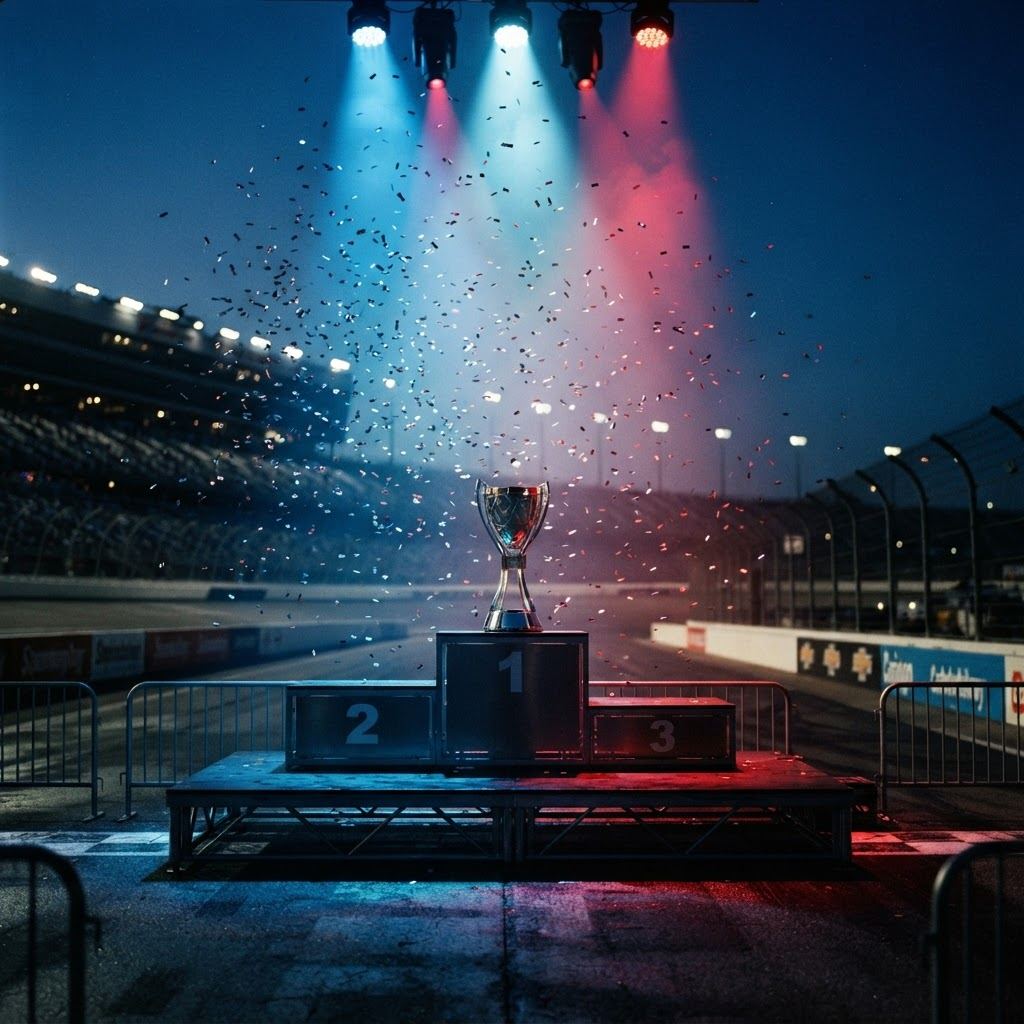Victory Lane podium lit dramatically at the Indianapolis Motor Speedway