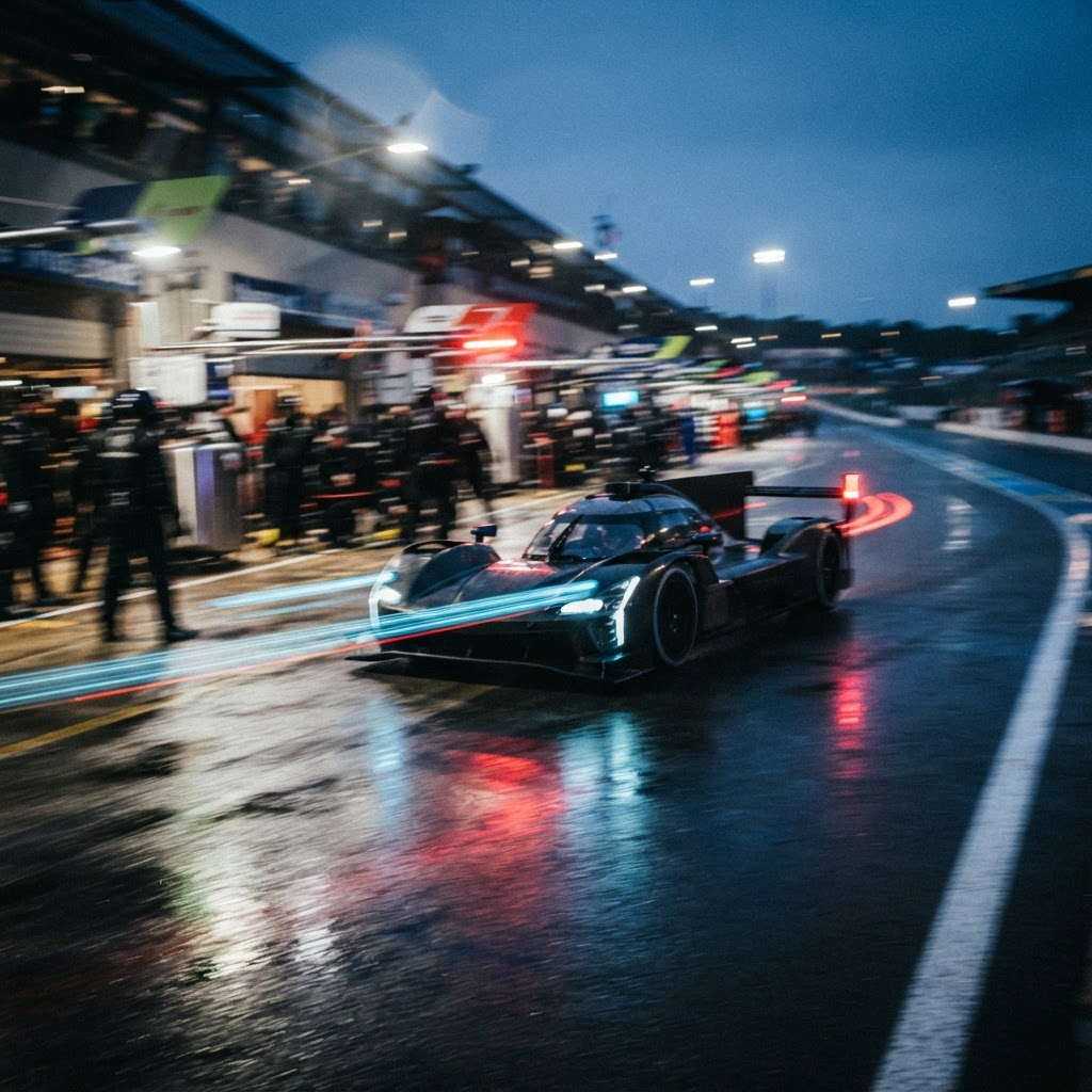 Pit lane at dusk with motion-blurred light trails at the Indianapolis Motor Speedway