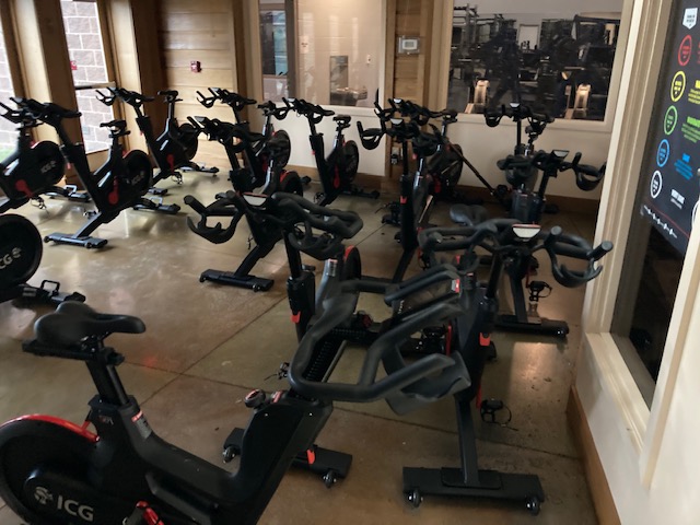 Row of cycling studio bikes affected by fire damage